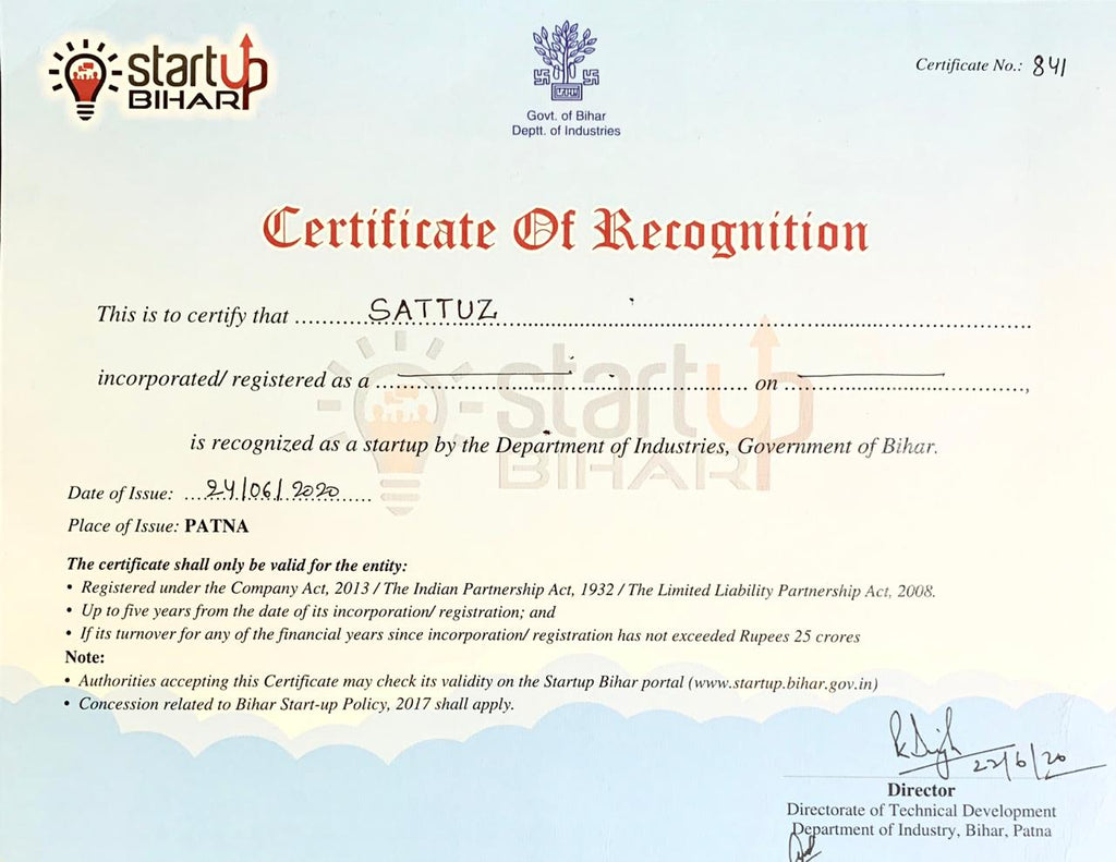 Bihar Startup Recognition Certificate