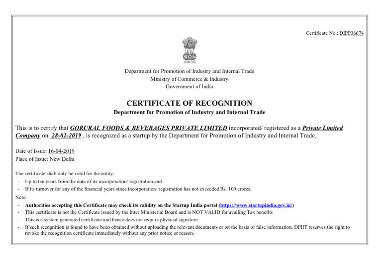 Certificate of Recognition as StartUp by Goverment of India