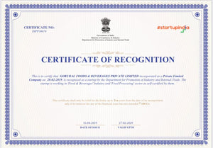 Certificate of Recognition as StartUp in Food & Beverages Industry by Government of India