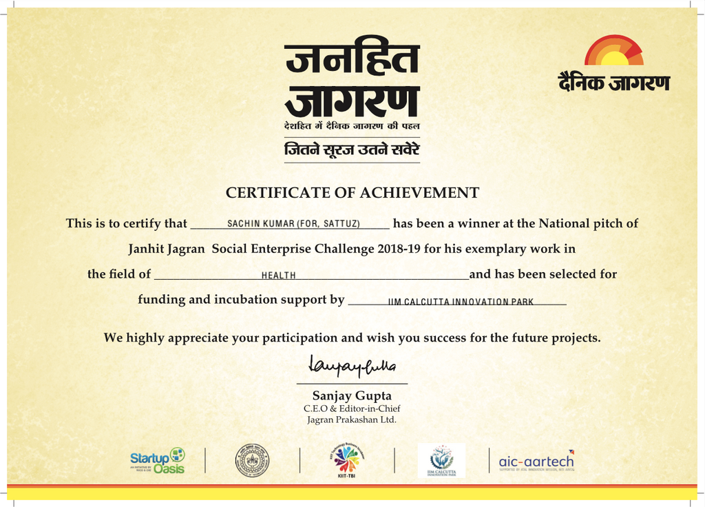 Sattuz winning Janhit Jagran Social Enterprise Challenge 2018-19